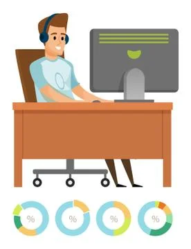 Worker Using Computer, Diagram Set, Hobby Vector Stock Illustration