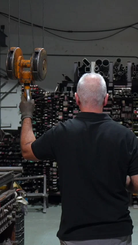 Worker using a crane in a metal workshop Stock Footage 293320806