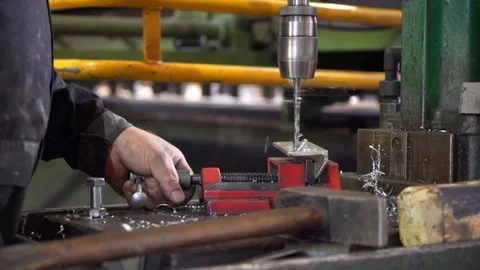 Worker using Drill Stand Press Stock Footage 103773934