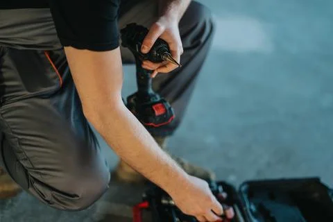 A worker using a drill tool during a construction project at a site indoors. Stock Photos