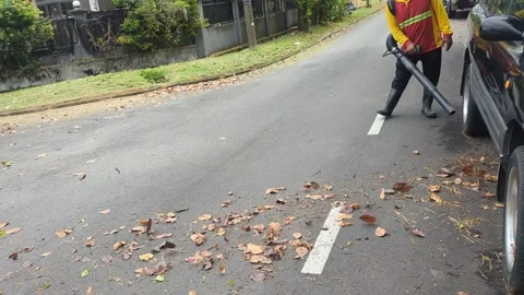Worker Using Electric Leaf Blower to Clean Suburban Street Stock Footage 329010912