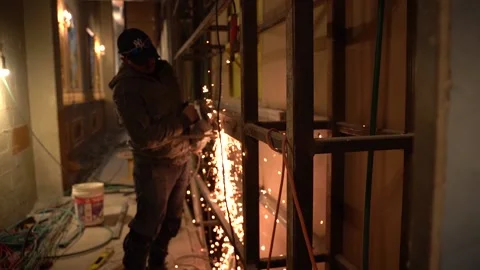 Worker Using Electric Saw Slow Motion Stock Footage 167266537