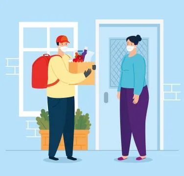 Worker using face mask delivering package Illustrazione stock