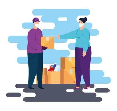 Worker using face mask delivering packages Illustrazione stock