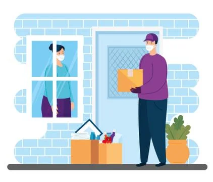 Worker using face mask delivering packages Illustrazione stock