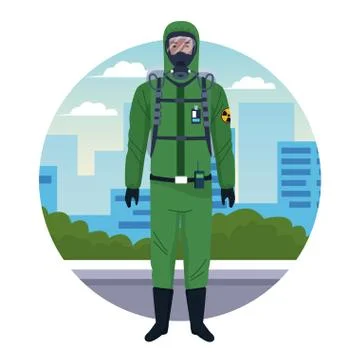 Worker using green protection virus suit character Illustrazione stock