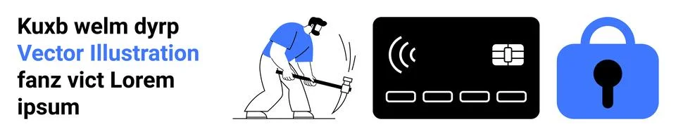 Worker using hammer with credit card and lock symbol, addressing cybersecurit イラスト素材