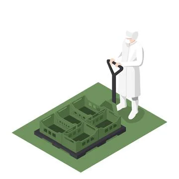 Worker using an isometric manual forklift Illustrazione stock