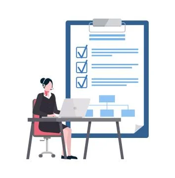 Worker Using Laptop, Goals List with Ticks Vector Illustrazione stock