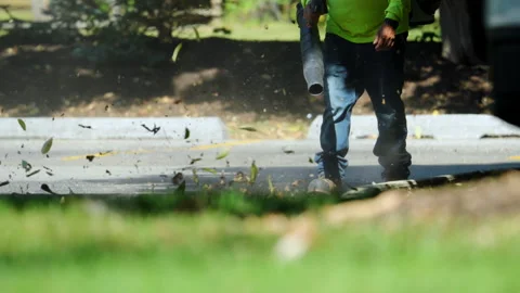 Worker using a leaf blower to clear fallen leaves and debris along the edge of Stock Footage 320578514
