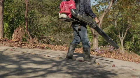 Worker Using a Leaf Blower to Clear Autumn Leaves from a Path Stock-Footage 347714721