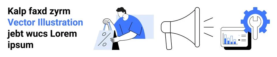 Worker using a machine, megaphone icon for announcements, chart with wrench s Illustrazione stock