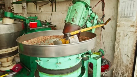 Worker using machinery to crush organic seeds for to extract oil in the mill Stock Footage 267850873