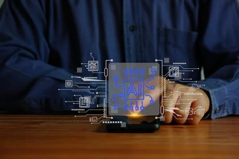 Worker using mobile phone chatting with AI for daily work ,AI smart technolog 스톡 사진