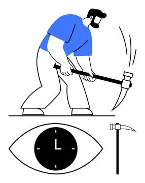 Worker Using Pickaxe with Clock and Eye Productivity, Labor, and Time Concept 库存插图