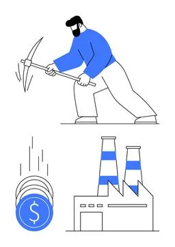 Worker Using Pickaxe, Falling Coins, and Factory Concept of Labor, Producti.. Stock Illustration