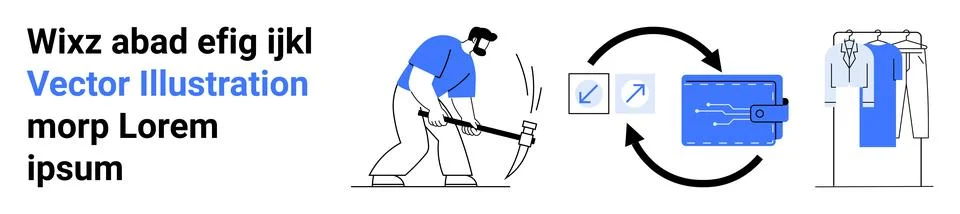 Worker using pickaxe on ground, exchange icons with arrows, digital wallet, c Illustrazione stock