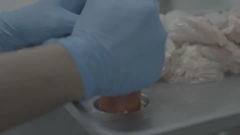 Worker using a plunger on raw chicken Vídeo Stock 327353525