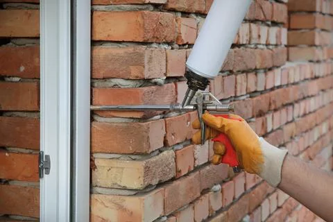 Worker using  polyurethane foam to fix door Stock Photos