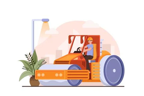 Worker using road roller makes paving on highway or street Illustration conce Stock Illustration