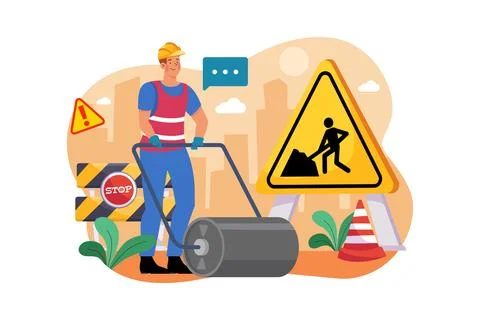 Worker using road roller makes paving on highway or street イラスト素材