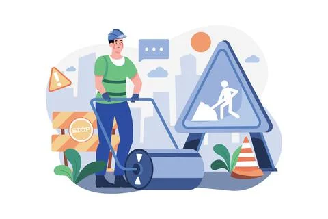 Worker Using Road Roller Makes Paving On Highway Or Street イラスト素材