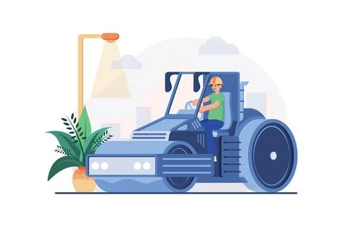 Worker Using Road Roller Makes Paving On Highway Or Street 스톡 일러스트