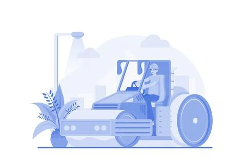 Worker Using Road Roller Makes Paving On Highway Or Street Illustrazione stock