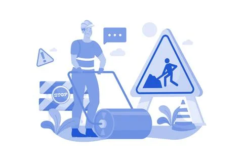 Worker Using Road Roller Makes Paving On Highway Or Street イラスト素材