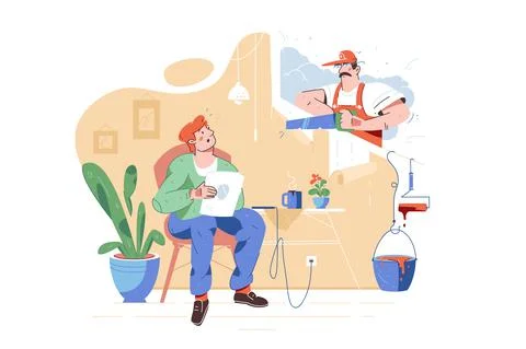 Worker using saw for repairing work at home Stock Illustration