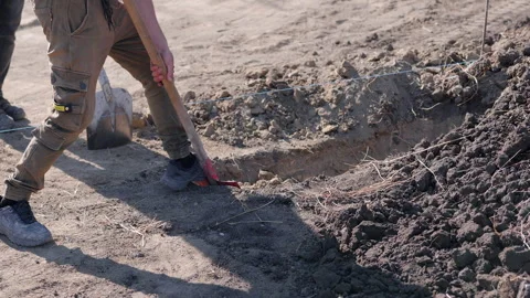 Worker using a shovel to dig a canal for communications installation, showcasing Stock Footage 318710359