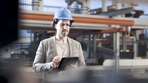 Worker using smart augmented reality goggles device in industrial plant company	 Stock Footage 149296076