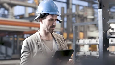 Worker using smart augmented reality goggles device in industrial hall company	 Stock Footage 149296214