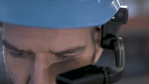 Worker using smart augmented reality goggle device in industrial plant company Stock Footage 149296276