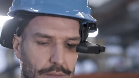 Worker using smart augmented reality goggle device in industrial hall company Stock Footage 149296320