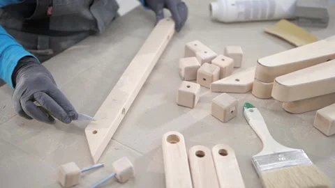 Worker Using Spatula Tool To Manually Apply Putty On Woodwork. Manual Woodwork Stock-Footage 232949484