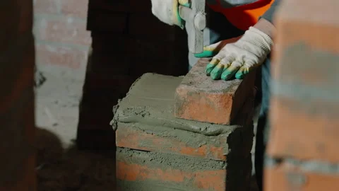 Worker Using Spirit Level on Brickwork Stock Footage 343356358