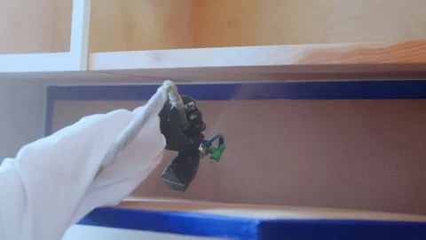 Worker using a spray gun to apply paint or coating inside cabinet during Stock Footage 334019899
