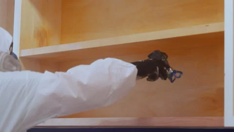 Worker using a spray gun to apply paint or coating inside cabinet during Stock Footage 334019909