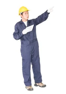 Worker using a tablet and holding blueprint on white Stock Photos