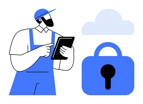 Worker Using Tablet for Cloud Data with Security Emphasis and Modern Design Illustrazione stock