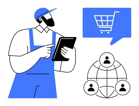 Worker using tablet, e-commerce shopping cart symbol, interconnected globe wi 스톡 일러스트