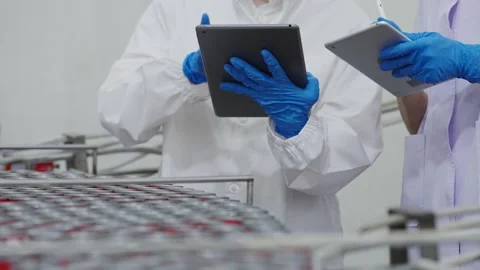 Worker using tablet inspect products  and check of an automated conveyor machine Video stock 329904592
