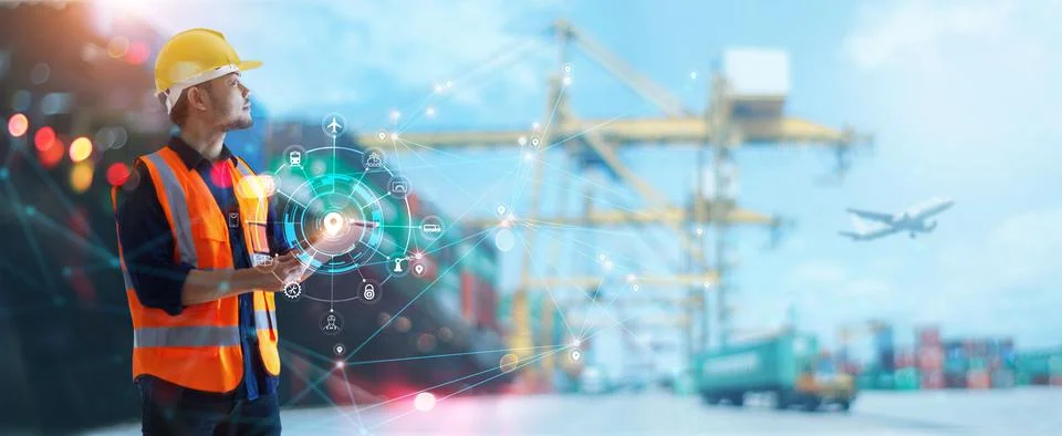 Worker using tablet on logistic network distribution and smart transportation Fotos Stock