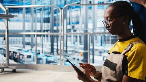 Worker using tablet in smart factory, collecting and analyzing data 스톡 사진