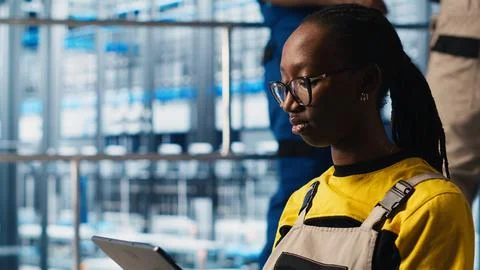Worker using tablet in smart factory, collecting and analyzing data Stock Photos