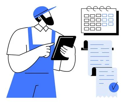Worker Using Tablet for Task Scheduling and Documentation Stock Illustration