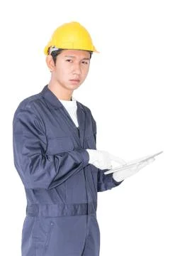 Worker using a tablet on white Stock Photos