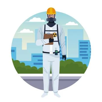 Worker using white protection virus suit character Illustrazione stock