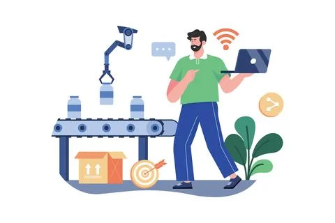 Worker Using Wi-Fi From Laptop Controlling Conveyor Lines Of Automatic Factor Stockillustratie